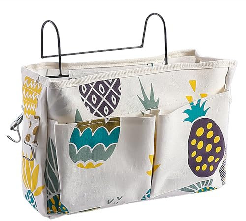 HNJKJEU Bett Organizer Bett Tasche mit Darhthaken Hängetasche Hochbett Aufbewahrungstasche für Buch, Magazin, Handy, Kopfhörer Bett Aufbewahrung (Ananas)