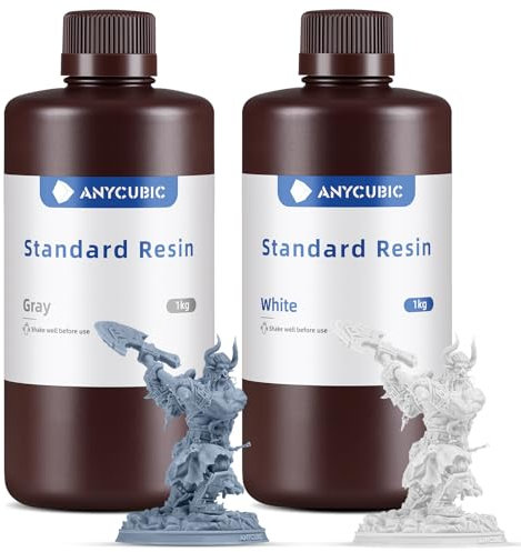 ANYCUBIC 3D Drucker Resin, UV 405nm Standard Rapid Photopolymer Resin, mit Hoher Genauigkeit und Schneller Aushärtung und Hervorragender Fließfähigkeit für den LCD DLP 3D Printer (Grau+Weiß,1kg,2pcs)