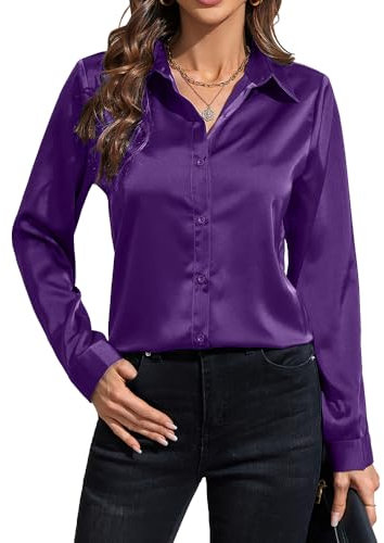 IBAOTORONI Camicie da donna in raso con bottoni, a maniche lunghe, con colletto classico, in seta, con bottoni, top da lavoro casual, Viola, S