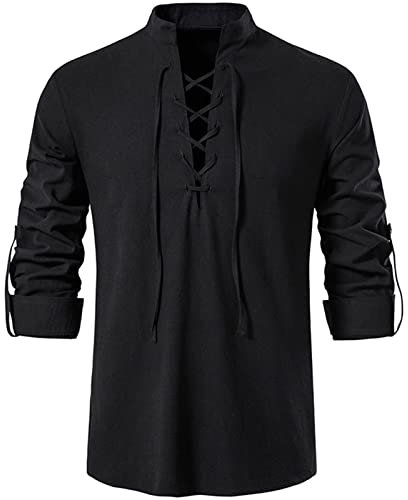 Rodawu Men's Black XL Viking Medieval Drawstring Henley Linen Blend Long Sleeve T-Shirt