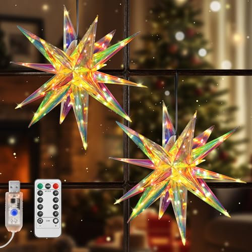 Lewondr 2 Stück Hängendes Weihnachtsdeko Außen LED Stern, 40 cm Weihnachtsstern Fenster Deko mit Fernbedienung & Timer, 3D USB Hängendes Sternlicht für innen und außen, Warmes Licht