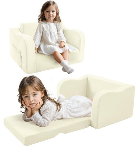 MeMoreCool Kindersofa Kindersessel Ausklappbar, Bequemes Bettsofa für Kleinkinder, 2-in-1 Schlafsofa für Kuschelecke Kinderzimmer, Mini Baby Sofa mit Schlaffunktion für Jungen und Mädchen, Creme