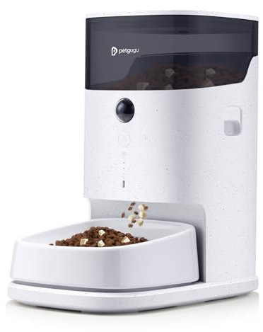 PETGUGU Comedero Gato Automático con App, Dispensador Comida Gatos Inteligente con Cámara y Voz, Temporizador y Cuencos Cerámicos