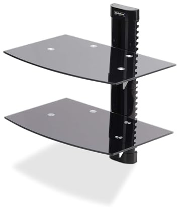 StarTech Double Étagère AV Murale Verre Trempé, Hauteur Ajustable sous TV | Support mural pour téléviseur, Deux tablettes verre trempé 36x25cm, Charge max 7kg