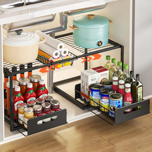 YunNasi Organizador Bajo Fregadero, Armario 2 Niveles Metal Ampliable Estantería Bajo Fregadero, Bandeja Extraible Mueble Almacenaje para Cocina Baño (Negro, A-Estilo)