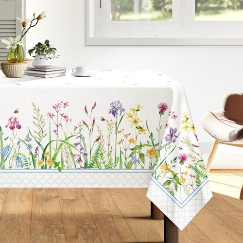 Arquiel Tischdecke Wildblumen, Tischdecken Abwaschbar Rechteckige Tischtuch Frühling Blätter Tischdeck für Haus Küche Esszimmer Party Dekoration(152 x 213 cm)