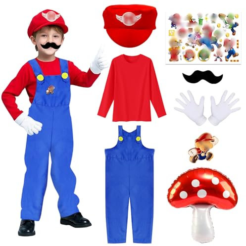 Wirhaut Mar-i Costumi Bambino, Super Bros Costume, Super Costumi con Top Rosso, Tuta, Cappello, Guanti, Barba, Distintivi Spille Cosplay Costume Ragazzo per Carnevale Halloween