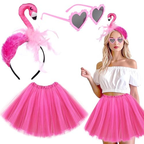 Sunshine smile Flamingo Kostüm Damen,Flamingo Haarreif,Flamingo Brille,Flamingo Tüllrock,Rosa Tüllrock Tutu Rock für Hawaii Kostüm Flamingo Party Karneval Mottoparty Fasching Kostüm Accessoires