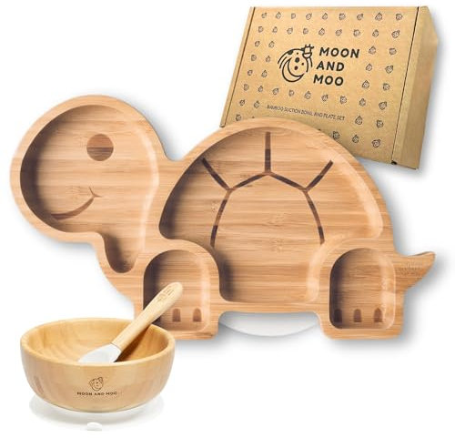Moon and Moo Bamboo Suction Tortoise Plate & Bowl Set - Perfect Baby Gifts, Eco-Friendly Weaning Set with Powerful Silicone Suction Base, Divided Portion Plate (White)