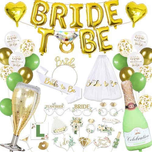 iZoeL Bride to be Deko Grün Junggesellenabschied Accessoires Frauen, Bride to be Girlande Schärpe Schleier, JGA Foto-Requisiten,JGA Party Dekoration Luftballon Folienballon