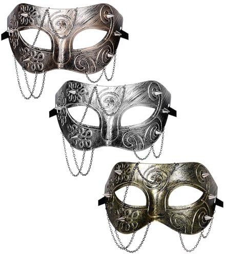 JewelryWe Steampunk Geistermaske Maskerade Maske: 3pcs Venezianische Maske mit Metall Spike Nieten & Ketten Futuristische Tech-Stil Kostümmaske Gothic Halloween Karneval Party Augenmaske