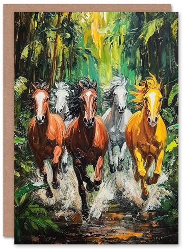 Artery8 Greeting Card Wild Horses Galloping Through Forest Oil Painting Blank For Him Or Her Art Birthday Card