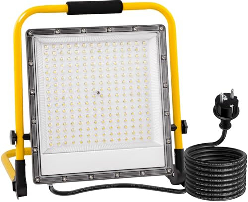 OUSIDE Projecteur LED Chantier 200W, Lampe de Chantier avec Câble en Caoutchouc VDE 3G 0,75 mm² de 4 m, Étanche IP66,6500K, 20000 Lumens Idéal pour Travaux Intérieurs et Extérieurs