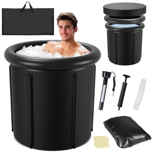 Vkechh Baño de hielo de 80 cm, bañera plegable de 390 l con tapa, depósito de hielo para el hogar, terapia de frío, set con 5 capas aislantes, barril de hielo móvil para exteriores para deportistas,