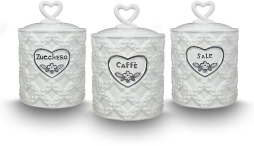 ARCA, Set 3 Barattoli per Sale, Zucchero e Caffè, Tris di Contenitori da Cucina in Ceramica Lavorata, Lavabili in Lavastoviglie, 10x15 cm, Fantasia Vintage, Colore Bianco