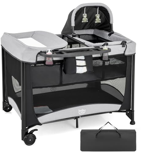 GYMAX Folding Travel Cot, 5 in 1 Portable Baby Bed Playard (Black) | Diaper Changer, Mattress, Hanging Toys, Storage Pockets & Carry Bag, Infant Bassinet Nursery Center for Newborn
