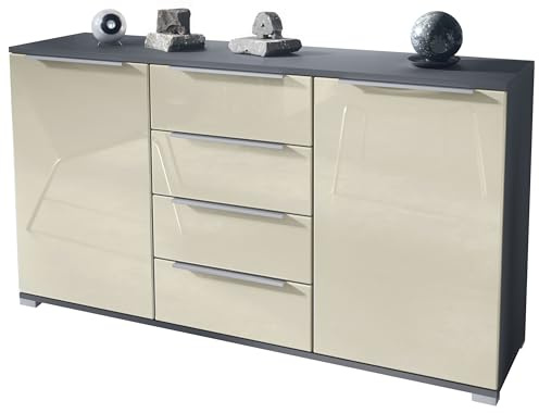 Vladon Sideboard Linio V1, Anrichte mit 2 Türen und 4 Schubladen, Anthrazit matt/Creme Hochglanz (138,5 x 75,5 x 35 cm)