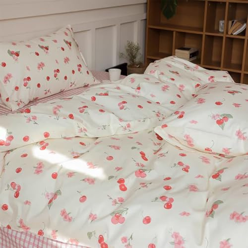 Nyescasa Housse de Couette 220x240 Coton Fleurie Rose Cerise Parure de lit Adulte 2 Personnes Floral Fleurs Rose Oeko-Tex Parure Housse Couette avec Fermeture Éclair et 2 Taies d'oreiller 65x65 cm