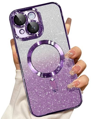 Misscase Magnetisch Hülle Kompatibel für iPhone 14, Glitzer Verlauf Handyhülle Kompatibel mit MagSafe, Stoßfest Anti-Kratzen mit Kamera Objektivschutz Niedliche TPU Schutzhülle-Lila