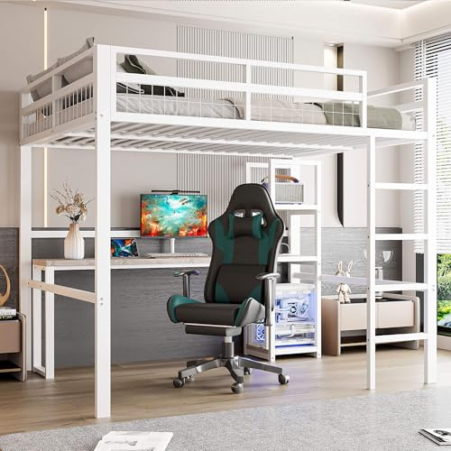 MQGPM Hochbett 140x200 cm mit Schreibtisch und Regalen, Etagenbett Metallbett mit Stauraum und Rausfallschutz, Bettgestell mit Lattenrost, Bett für Erwachsene Jugendliche und Kinder, Weiß