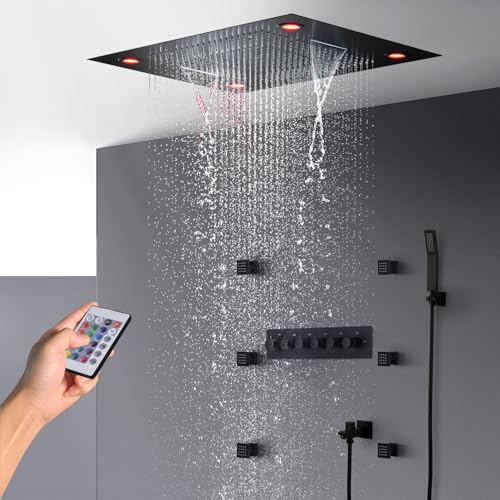 Duschsystem mit Thermostat Unterputz, RGB LED Duscharmatur Komplettse, Regendusche Duschset Deckenmontage mit Badewannenhahn, 600x800mm 3 Modi Duschkopf, 6PCS 50mm Massagedüse, Handbrause, Schwarz
