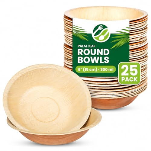 ECO Leaf Disposable Palm Leaf Bowls – Pack of 25, 6 (15cm) Round Compostable for Desserts & Salad, Eco-Friendly, Biodegradable, Heavy-Duty, Microwave & Oven Safe – for Weddings & Parties