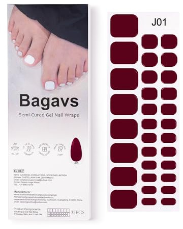 Bagavs Strisce Adesive Unghie Gel UV Piedi 32 PCS Burgundy Pedicure Semi Indurite Effetto Gel Lucido