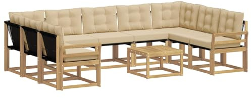 vidaXL Outdoor-Sofagarnitur mit Kissen 10 pcs Weiß und Beige, Moderne Gartenmöbel, Akazienholz-Sofa, Textilene-Rücken, strapazierfähige Sitzmöbel, Bequeme Liegeplätze