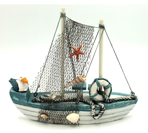 Gerkimex Boot aus Holz ca. 20 cm Antik-Design Weiss-hellblau Fischkutter Schiff