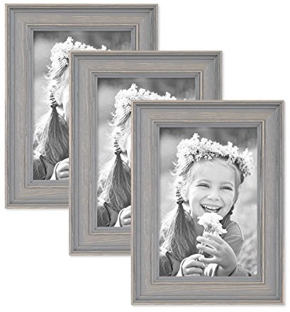 3er Set Bilderrahmen Skandinavischer Landhaus-Stil Grau-Braun 10x15 cm Massivholz mit Shabby-Chic Note/Fotorahmen/Wechselrahmen