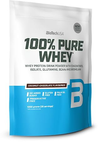BioTechUSA 100% Pure Whey | Proteinpulver mit BCAA und Glutamin | Glutenfrei, Palmölfrei | 21g Protein pro Portion, 1 kg, Kokosnuss-Schokolade