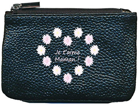 Petit Porte Monnaie en Cuir Porte cles Noir Maman Je t'aime Fete des Meres