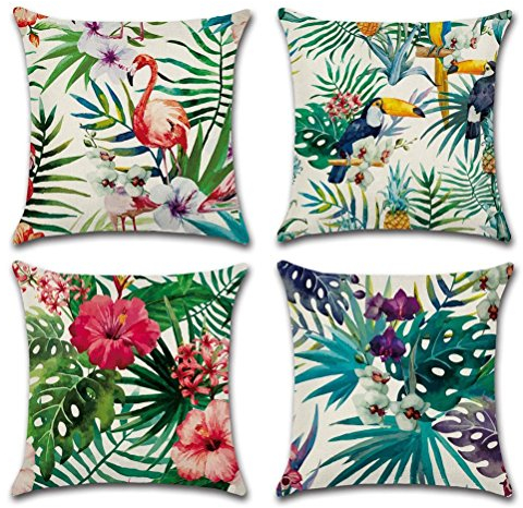 Freeas Kissenbezug 45 x 45 cm,Baumwolle Leinen Tropische Pflanzen Kissenhülle Taille Wurf Kopfkissenbezug für Zuhause und Sofa, Schlafzimmer,4 Stück