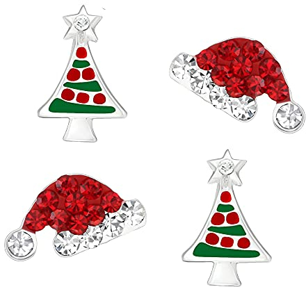 FIVE-D 2 Paar Ohrringe Weihnachten Nikolaus Mütze und Weihnachtsbaum 925 Sterling Silber (Clear)