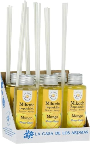 La Casa de los Aromas - Ambientador Mikado Aroma Mango - Set Difusor Líquido para Reposición con Varillas - Fragancia Duradera - Ideal para el Hogar, Baño, Casa - 6 x 100 ml