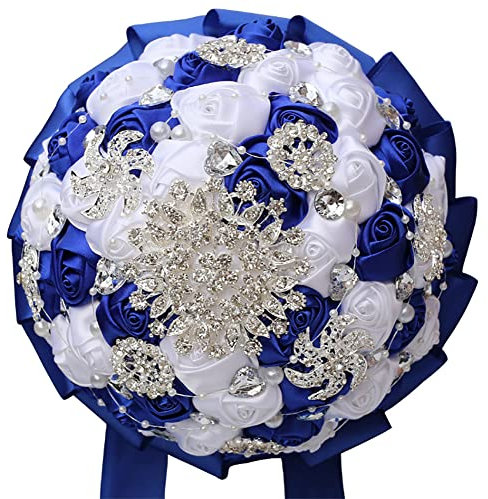 Qike Handgemachte Kaskade große Seide königliche Hochzeit Brautstrauß Rose Halten Wurf Künstliche Blumen Blumensträuße mit Satinband Perlen Strass für Braut Vintage Hochzeit Blumenstrauß