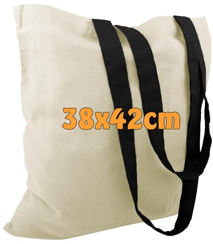 Bolsas de algodón, de yute, con 2 asas largas, color natural, 38 x 42 cm, 100 % algodón, Color natural con asa negra., 25 unidades