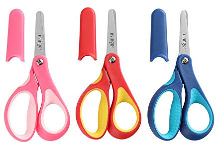 LIVINGO Small School Childrens Blunt Kids Scissors, Sharp Stainless Steel Blades Safety Comfort Grip Handles for Student Toddler Craft Cutting Paper, Assorted Color, 3 Pack 13cm
