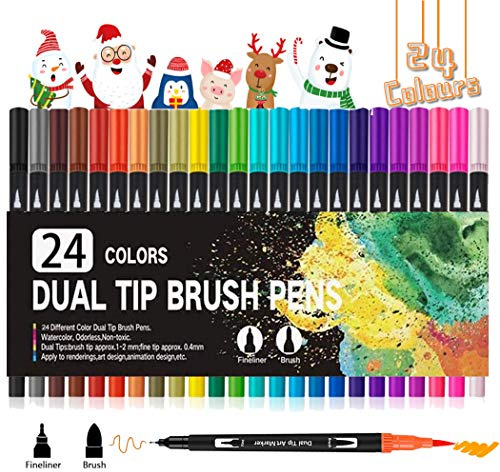 Vakki 24 Farben Dual Brush Pen Set, Filzstifte Dicke und Dünne Pinselstifte Aquarell Marker, Doppelfasermaler für Kinder & Erwachsene, Handlettering Stifte mit Fineliner 0,4mm & Pinselspitze 1-2mm