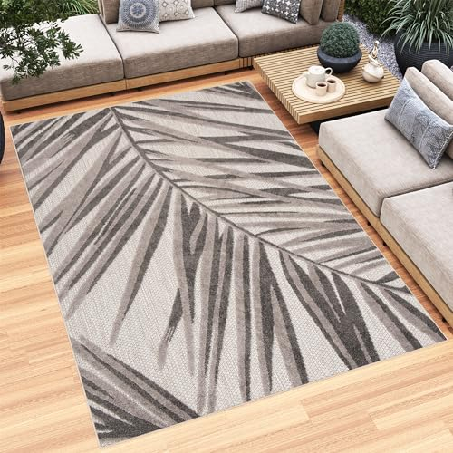 TAPISO Patio Teppich Outdoor Indoor Beige Grau Creme Blätter Sisaloptik Strapazierfähig Wetterfest UV-Beständig Wohnzimmer ÖKO-TEX 200 x 300 cm