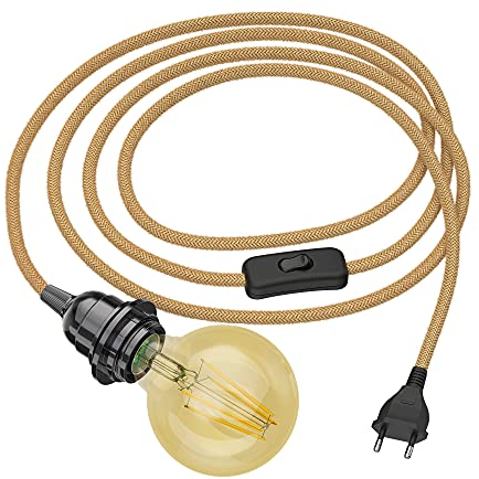 ledscom.de 3 m Hanfkabel LEKA, Stecker, Schalter + LED Lampe gold max. 818lm, 3-Stufen dimmen, extra-warmweiß