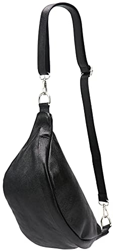 SH Leder ® echt Leder Hüfttasche Damen Herren Unisex Gürteltasche für Festival Reise Bauchtasche mittelgroße Crossbody Bag Frauen Ledertasche 32x17cm Marie G528 (Schwarz Metallic)