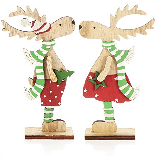 com-four® 2X Dekorativer Aufsteller für Weihnachten - Rentier aus Holz zum Hinstellen - Christmas Aufsteller zum Dekorieren und Verschenken (XL Rentier - rot + grün)