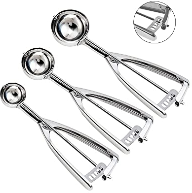 TUILFUL Ice Cream Scoop Set - Small/1.5 Tablespoon, Medium/2.8 Tablespoon, Large/5.4 Tablespoon, 18/8 Stainless Steel Upgraded Cookie Scoop Set for Baking