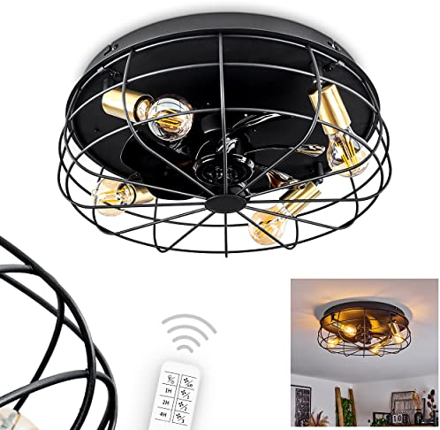 Ventilatore da soffitto Moscavide, ventilatore in metallo/plastica in nero/ottone, con telecomando, lampada da soffitto con spot orientabili, 4 x E27 IP20, senza lampadina/e