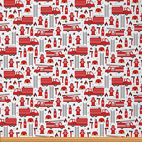 Feuerwehrauto Stoff Meterware für Kinder Jungen Rot Feuerwehrbedarf Muster Möbelstoff Helm Leiter Feuerlöscher Hydrant Druck Dekorationsstoff Zum Quilten Nähen Rot 92 x 150 (HxB)