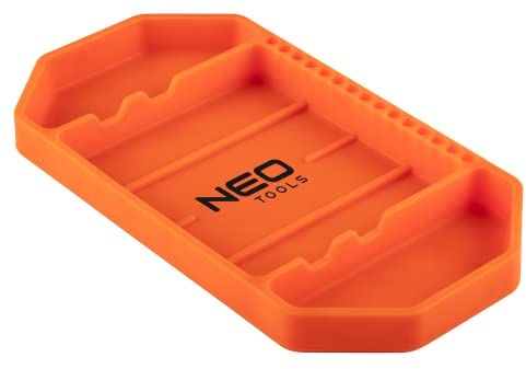NEO TOOLS Werkzeugablage, Silikon, 27,5 x 14,5 x 2,5 cm; 3 Fächer, 15 Bit-Halterungen, rutschfest, leicht, Schutz für Werkzeuge und Werkstattausrüstung, flexibel