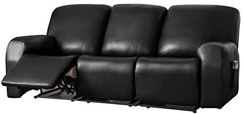 SHUOJIA 8-teiligesSesselschoner,wasserdichtem Leder PU-Liegestuhl Stretchhusse Liegestuhlbezug 1/2/3 Sitzer Relaxsofa Schonbezüge Mit Seitentasche, Möbelschutz Für Wohnzimmer (Black)