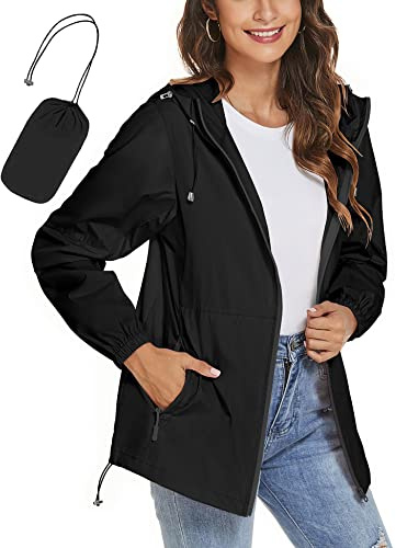 iWoo Veste de pluie pour femmes imperméable respirante fine manteau de pluie veste légère veste d'extérieur coupe-vent pliable veste de mi-saison avec capuche, Noir , XL