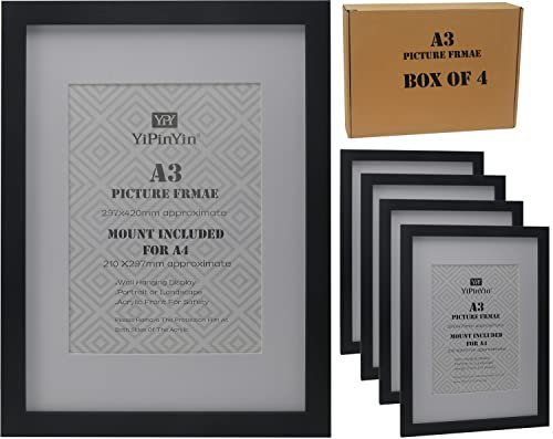 Black A3 (30x42cm) Picture Frame with Mount For A4 Set of 4,Black A4 Document Frames with Acrylic Front 4Pack, A3 Poster Photo Frame Black,A4 Certificate Frames 4pack.
